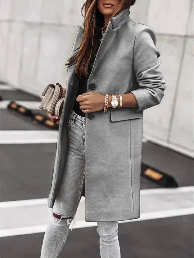 Cheky - Autumn and winter simple long-sleeved button Nizi coat coat