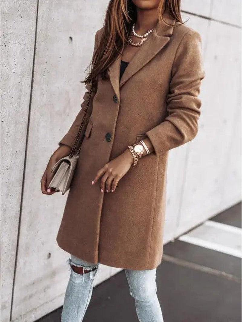 Cheky - Autumn and winter simple long-sleeved button Nizi coat coat