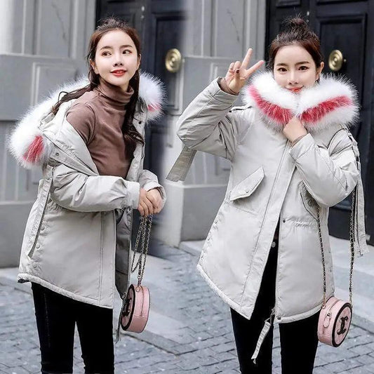 Cheky - Big fur collar Korean version of the waist was thin and wild