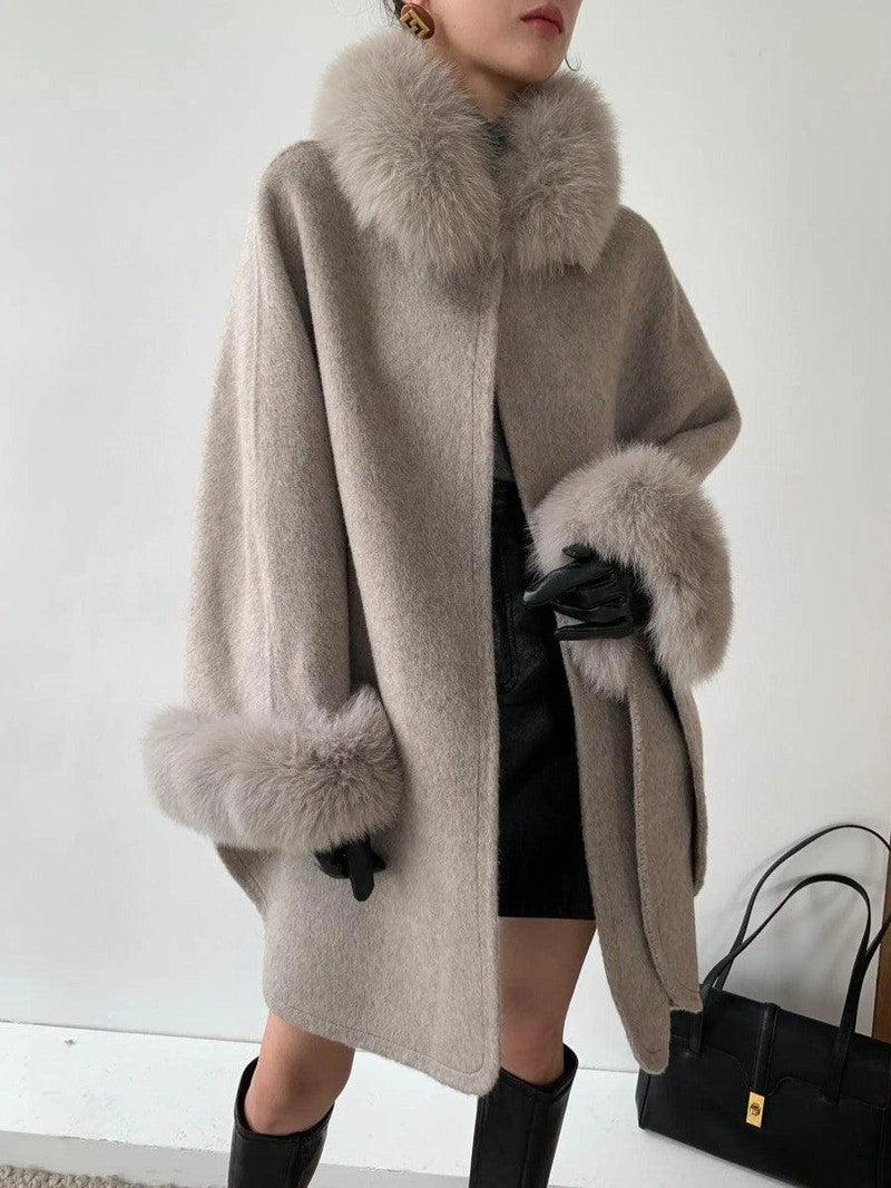 Cheky - Cape Fox Fur Collar Cashmere Wavy Coat