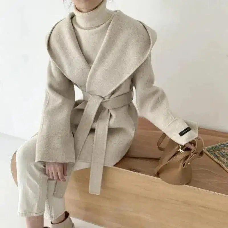 Cheky - Cardigan hooded mid-length woolen coat