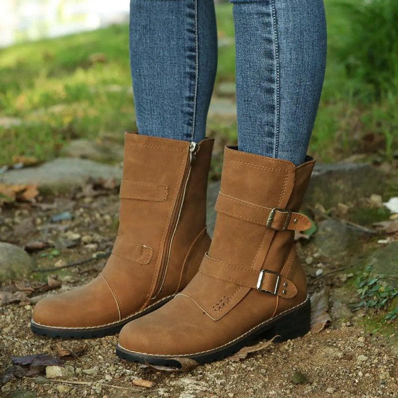 Cheky - Casual Round Toe Belt Buckle Women Boots