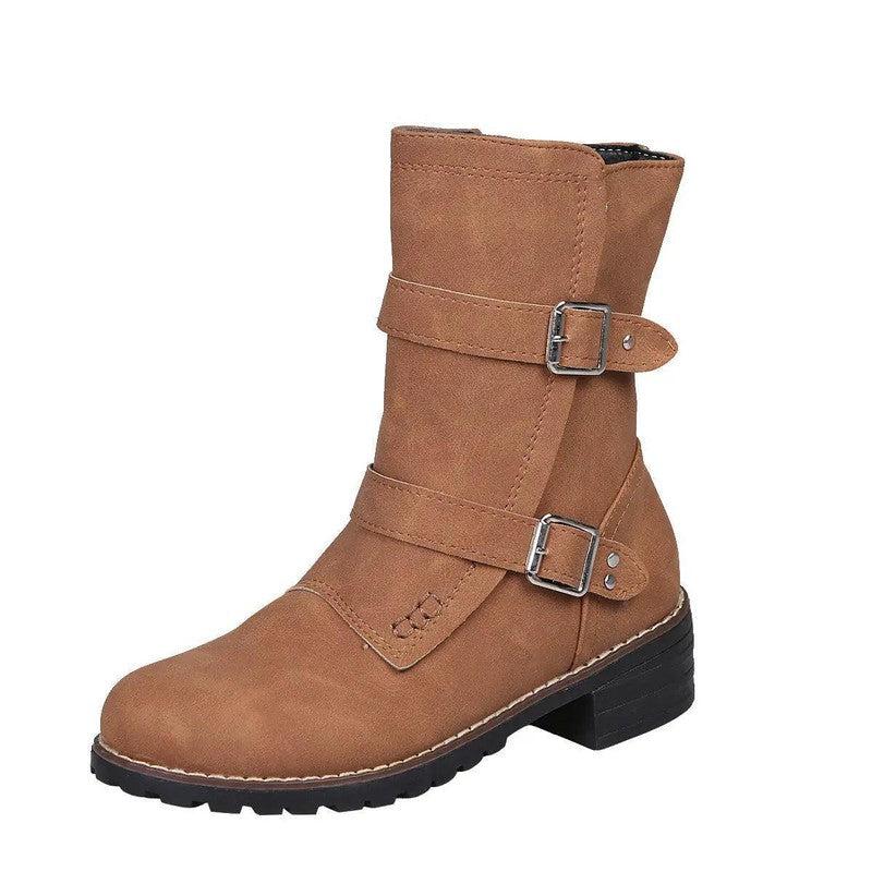 Cheky - Casual Round Toe Belt Buckle Women Boots