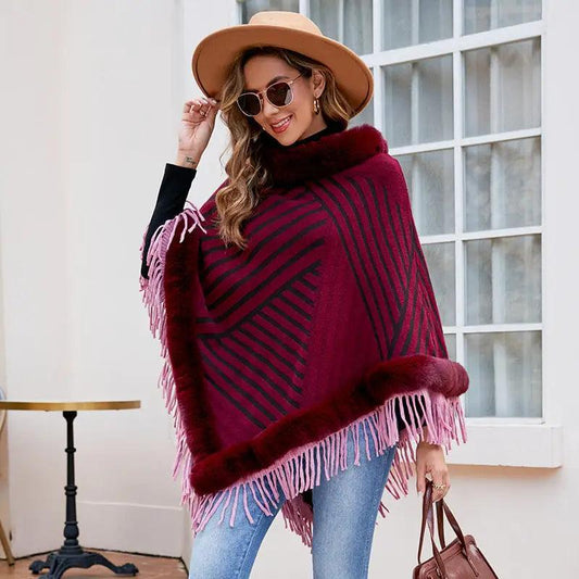 Cheky - Drizzling Fur Collar Pullover Tassel Knitted Cape For Women