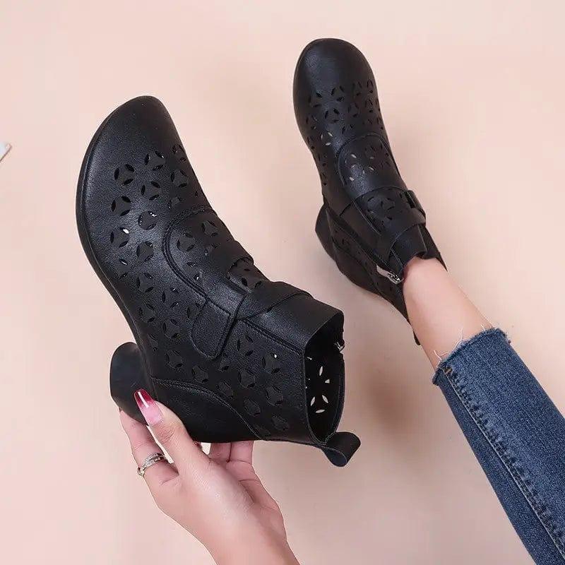 Cheky - Hollow Out Boots Women Retro Style Side Zip Mid Heels Shoes