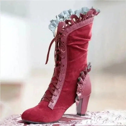 Cheky - Lace-Up Combat Boot Women Ruffle Design Ethnic Shoes