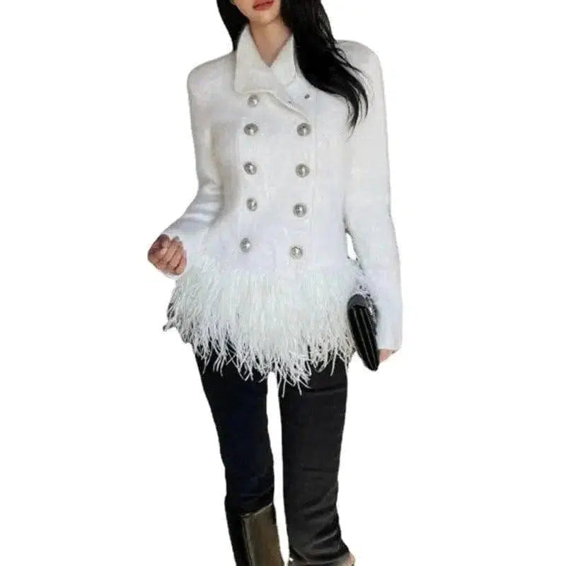 Cheky - Lapel Long Sleeve Slim Double Breasted Tassel Coat Women