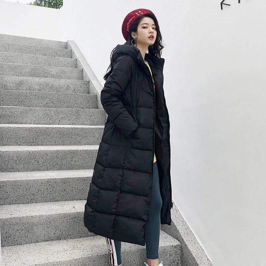 Cheky - Long-length knee-length solid hooded cotton coat