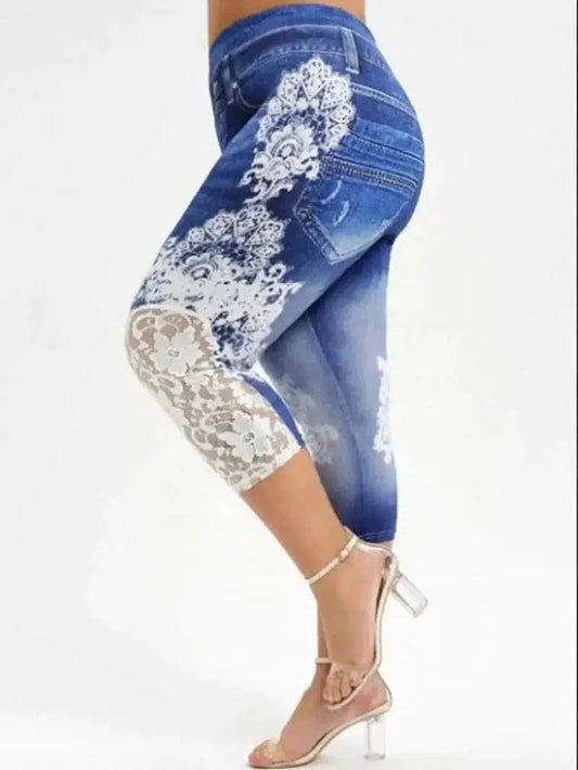 Cheky - Imitation Denim Lace Stitching Print Leggings Woman