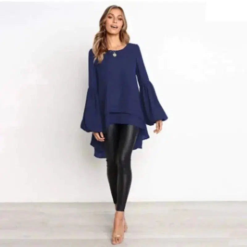 Cheky - Round Neck Lantern Sleeve Irregular Ladies Top