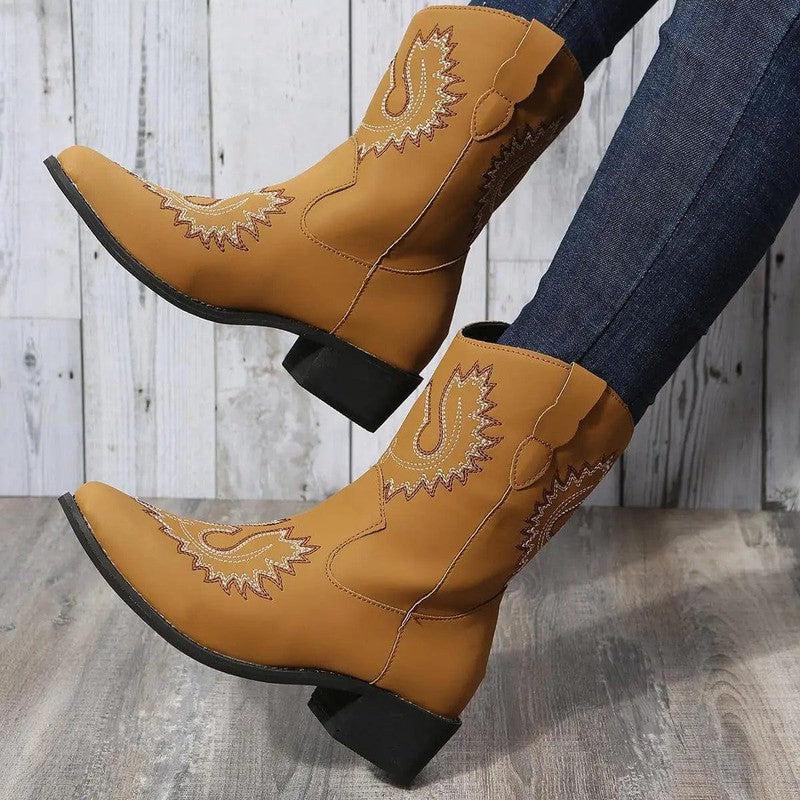 Cheky - New Large Short Boots Embroidered Ethnic Style Slope Heel Casual Women