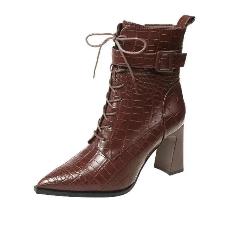 Cheky - Pointed-toe Boots Winter Alligator Pattern Lace-up Shoes Women