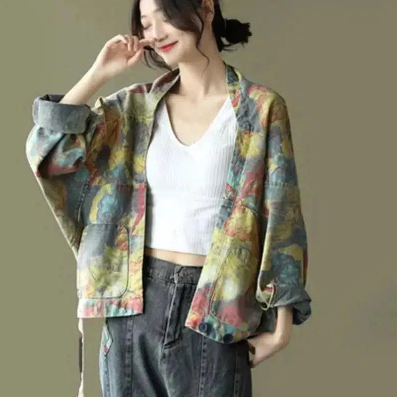 Cheky - Printed Denim Short Jacket Ladies Loose Bat Sleeve Cardigan