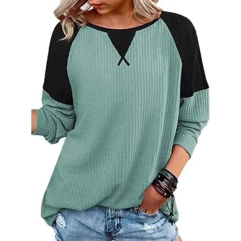 Cheky - Waffle Stitching Long-sleeved Round Neck T-shirt Top