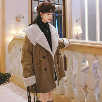 Cheky - Winter New Mid-length Lamb Wool Coat With Large Lapel