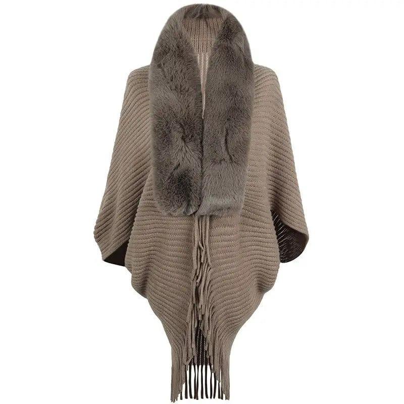 Cheky - Women's Fur Collar Tassel Shawl Knitted