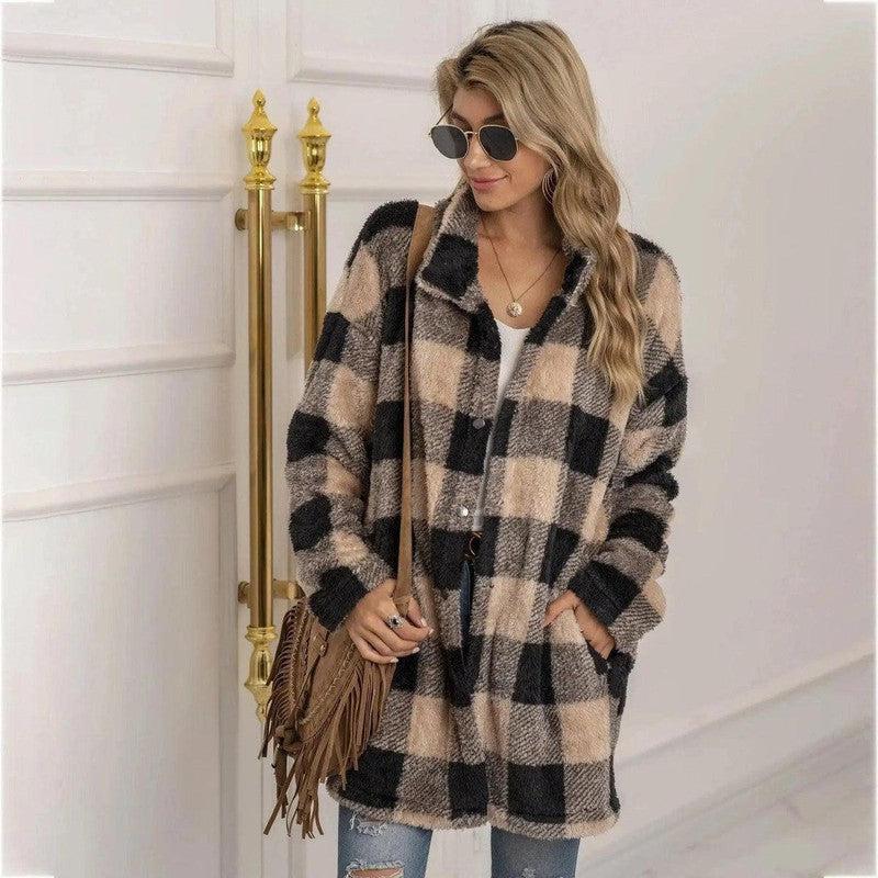 Cheky - Women's Long-sleeved Plaid Print Mid-length Shirt Jacket